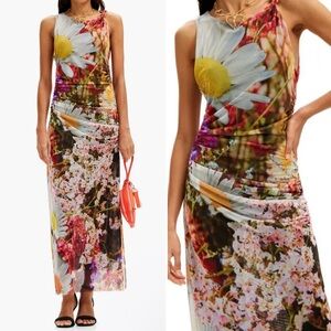 Desigual Marigold Floral Ruched Tank Sublimation Graphic Dress Mesh size large